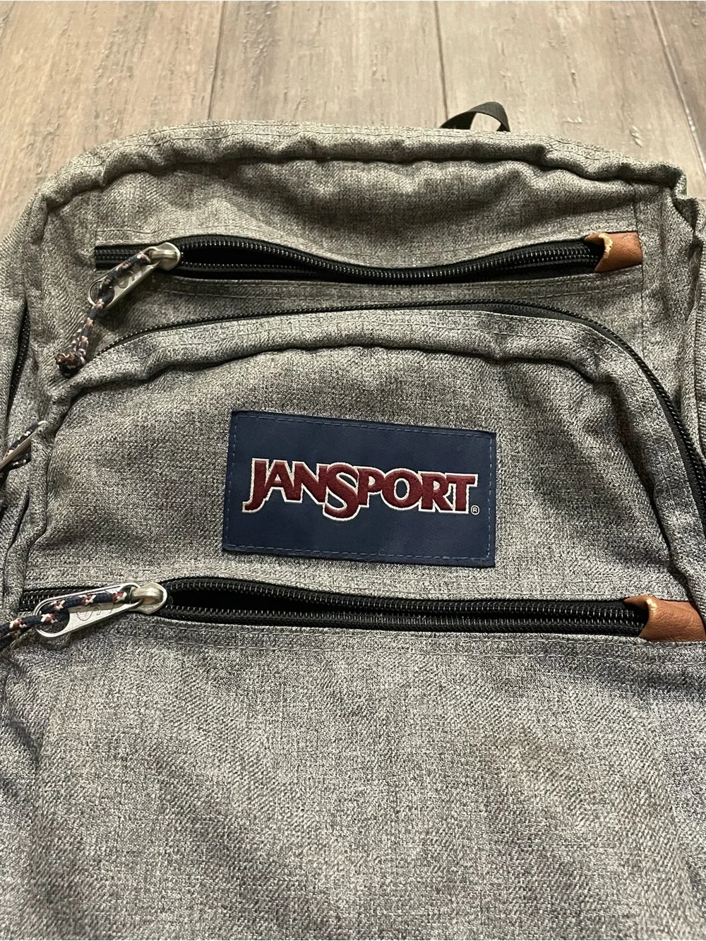 JanSport Gray Backpack Faux Leather Bottom Laptop School Travel Book Bag EUC
